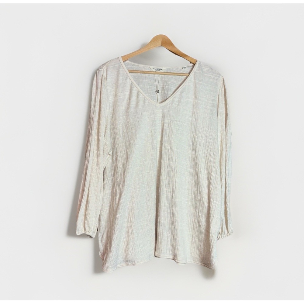 Max Studio V-Neck Textured Blouse Size 1X Balloon 3/4 Sleeves Ivory NWT